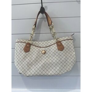 Rioni Signature Trendy Traveler's Tote Bag Cream Brown R Logo Mira Chain Handles